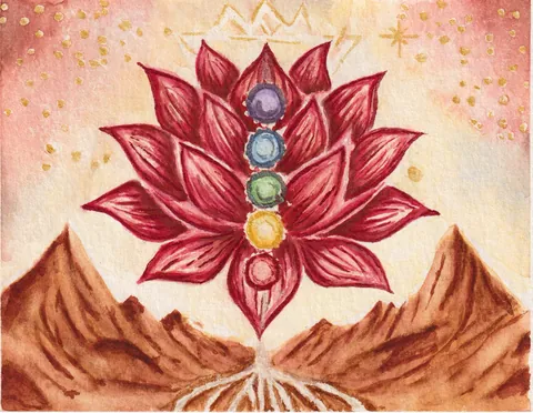 Day 1, Root: a red lotus rising between two brown mountains, its roots reaching into the earth, under a pink sky with small gold stars.