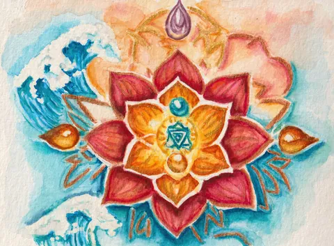 Day 2, Sacral: an orange and red lotus inside a mandala, with blue waves and drops of water around it.