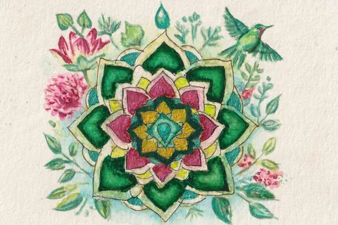 Day 4, Heart: a green mandala with pink flowers and leaves around it, and a small hummingbird in the corner.