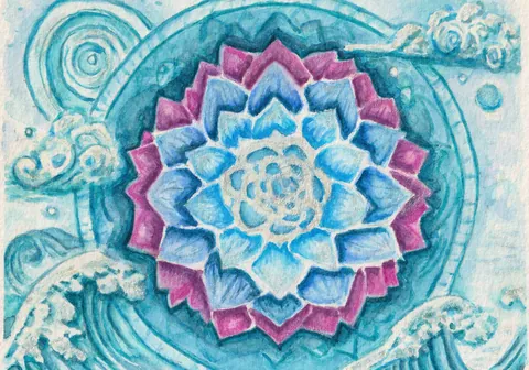Day 5, Throat: a blue lotus mandala surrounded by turquoise waves, swirls and clouds.